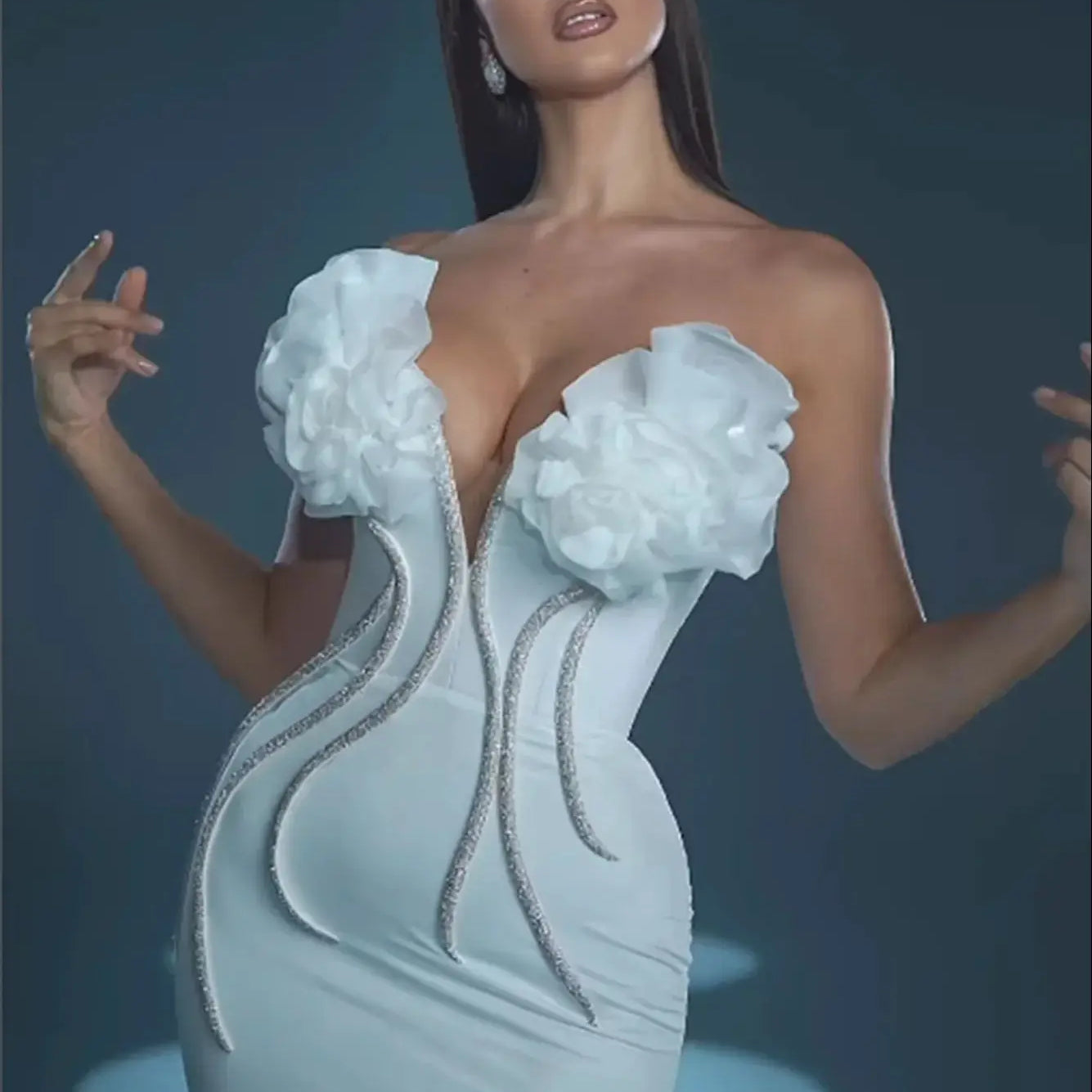Women Celebrity Sexy Strapless Backless Beading Diamonds White Maxi Long Bandage Dress Elegant Evening Club Party Dress
