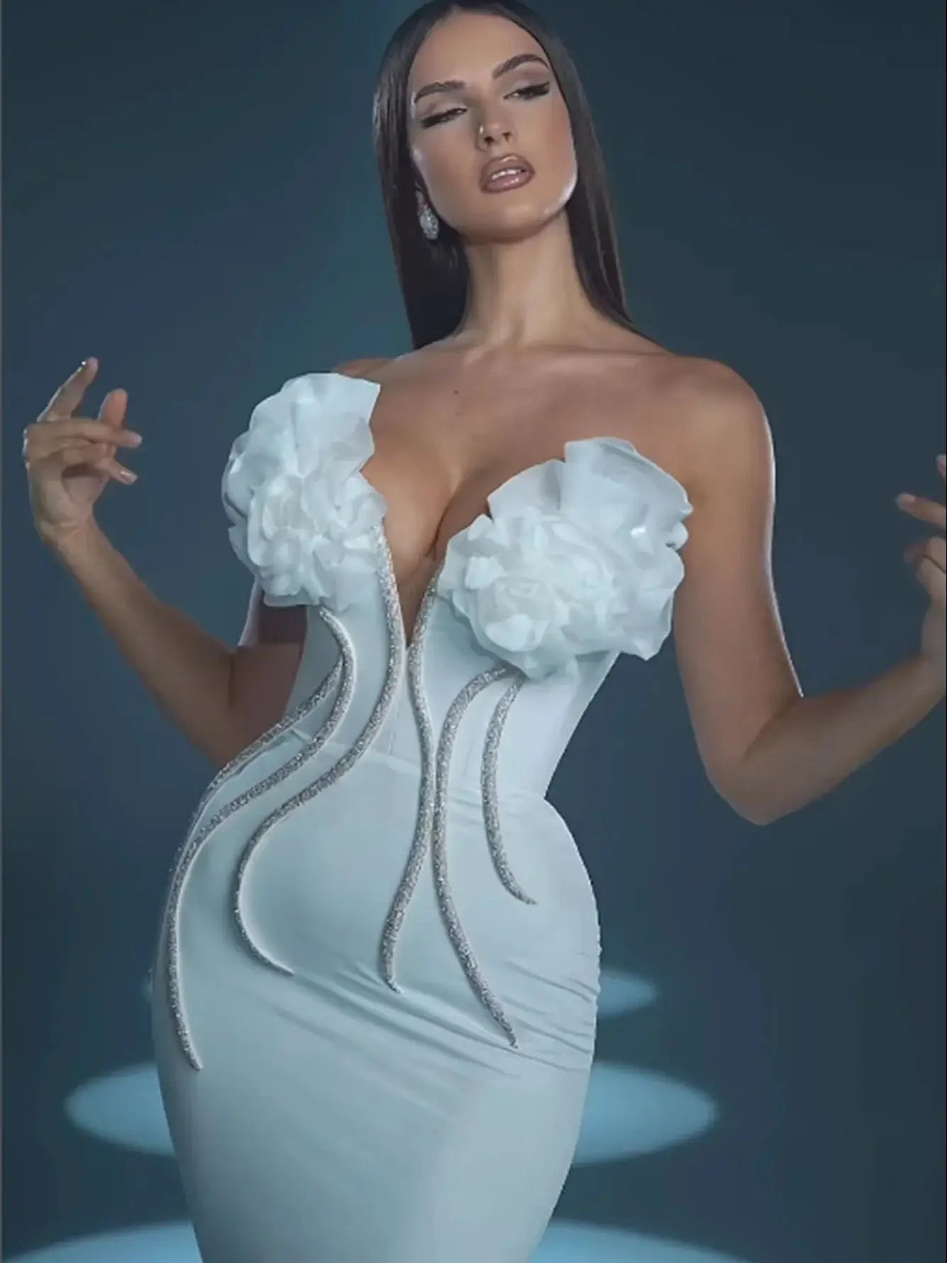 Women Celebrity Sexy Strapless Backless Beading Diamonds White Maxi Long Bandage Dress Elegant Evening Club Party Dress