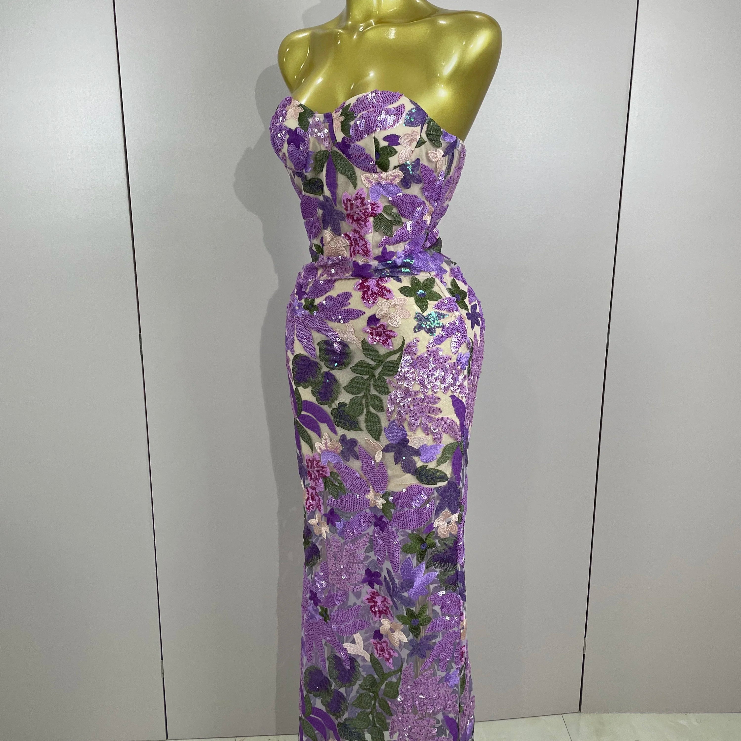 2025 New Sexy Strapless Floral Sequin Long Dress Women Sequins Flower Backless Long Slim Dress Evening Party Runway Gown Dress