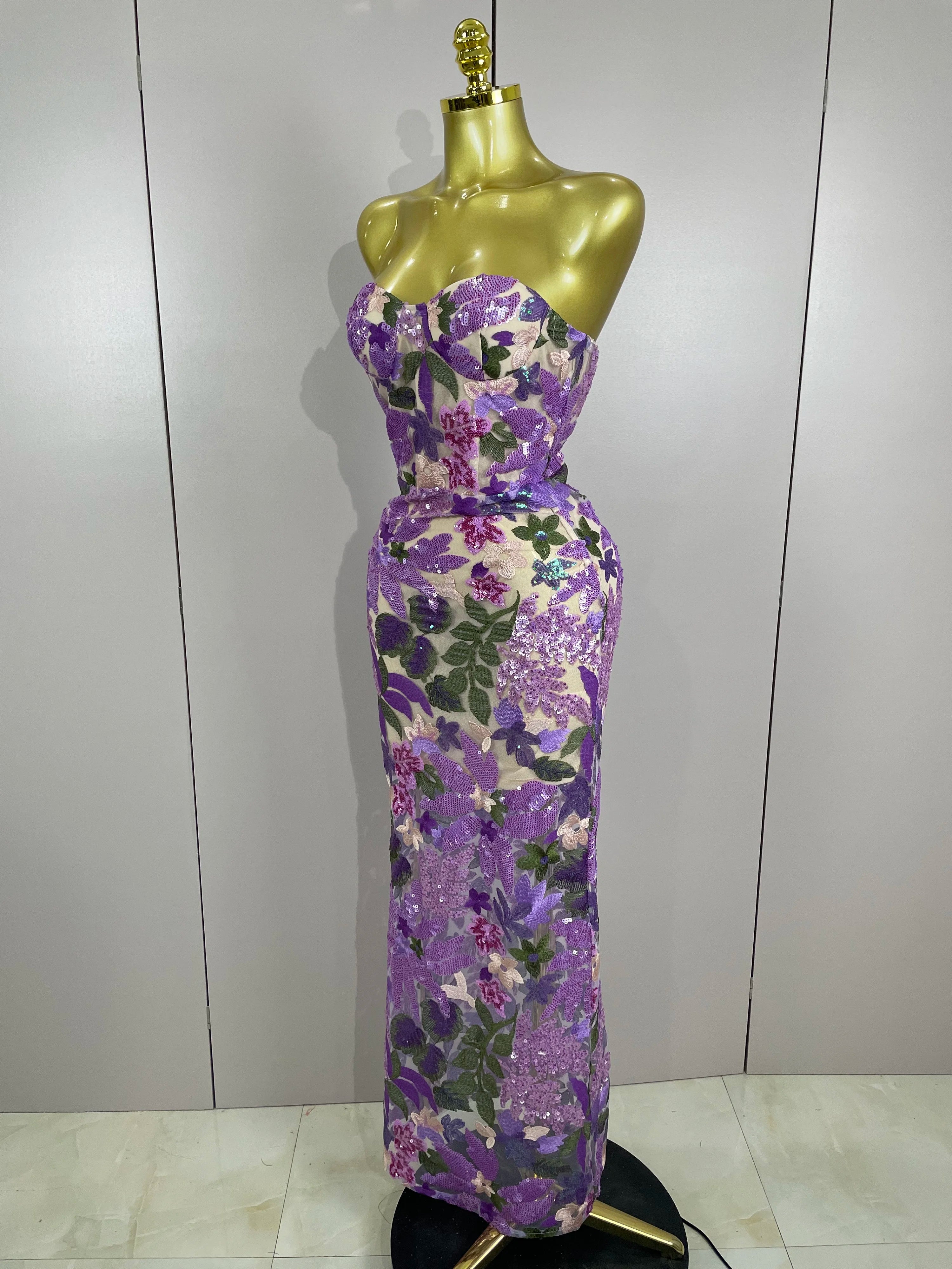 2025 New Sexy Strapless Floral Sequin Long Dress Women Sequins Flower Backless Long Slim Dress Evening Party Runway Gown Dress