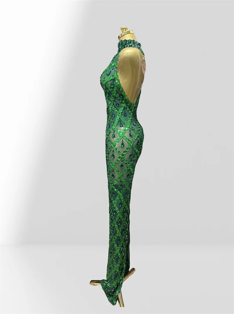 Woman Birthday Party Outfit Club Performance Costume Sparkling Diamond Green Sequins Sexy Mesh see Through Ankle Length Dress