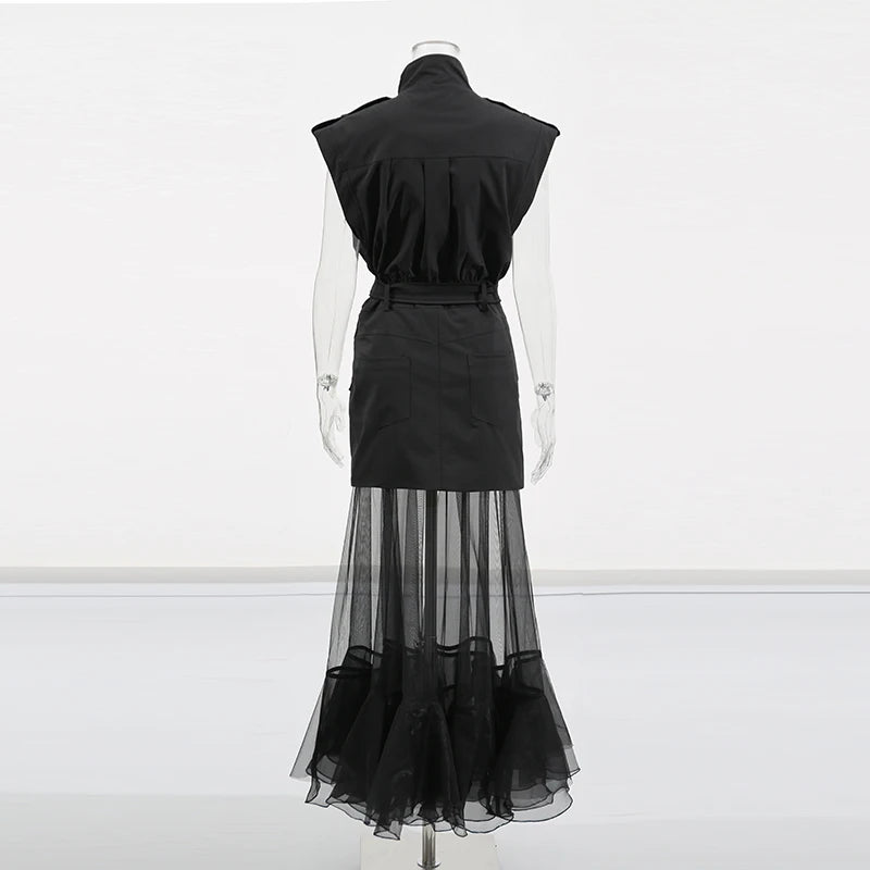 Solid Sheer Spliced Mesh Folds Dress for Women Round Neck Sleeveless Patchwork Zipper elegant Dress Female Fashion