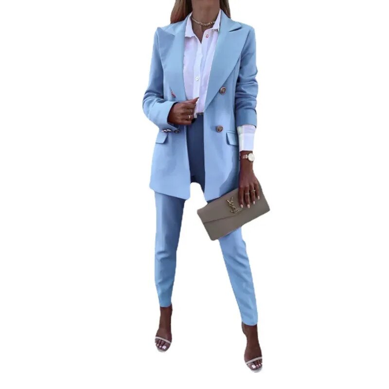 TIAMO 2 Piece Sets Womens Outfits Solid Color Temperament Suit Two-piece Fashion Casual Trousers Suit Wholesale Dropshipping Sky Blue