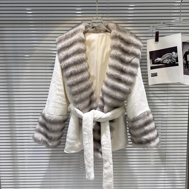 Winter New Fashion Big Fur Collar Plush Faux Fur Coat For Women Loose High-end Lace-up Waist Jacket Female 11A07741 White One Size