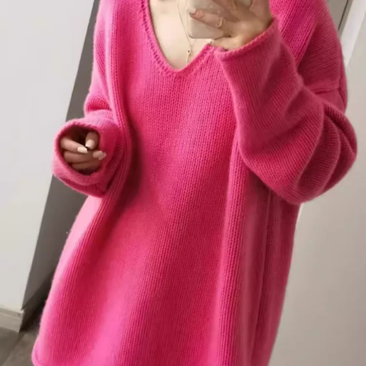 100% Pure Wool Loose V-neck Sweater Autumn Winter New Knitted Pullover Casual Fashion Korean Version Medium Long Tops Large Size Rose red