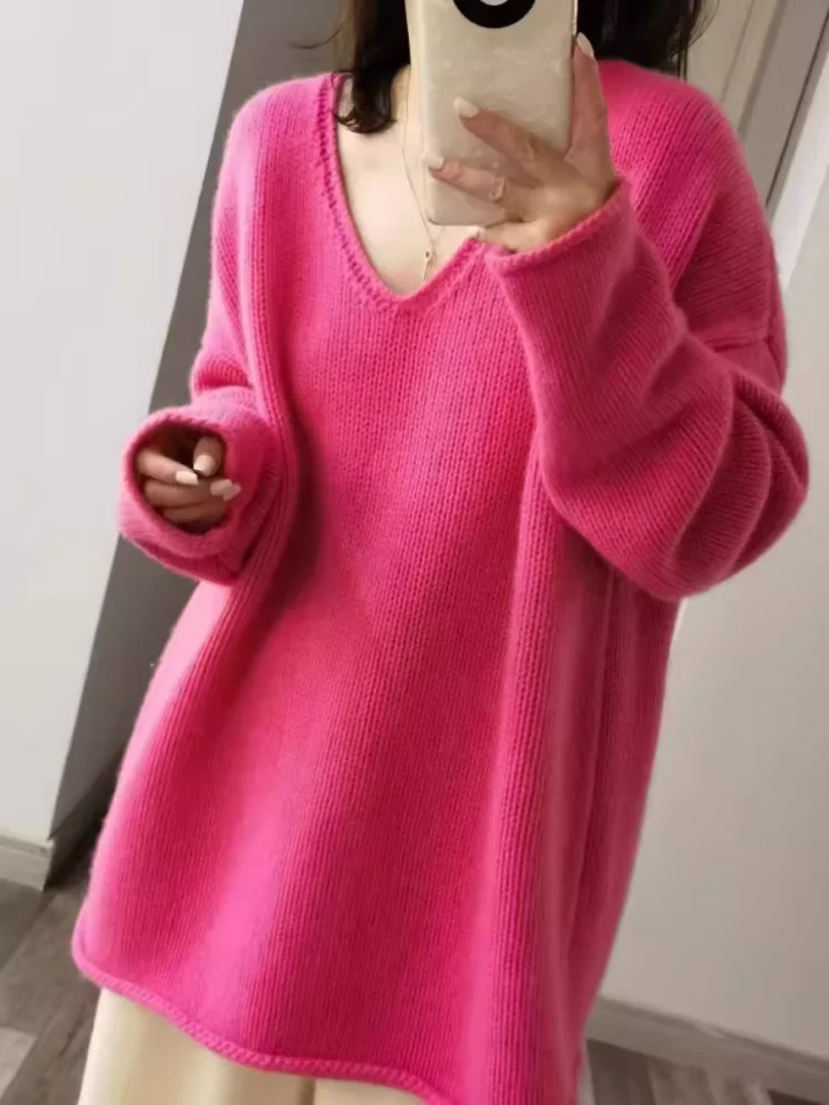 100% Pure Wool Loose V-neck Sweater Autumn Winter New Knitted Pullover Casual Fashion Korean Version Medium Long Tops Large Size Rose red