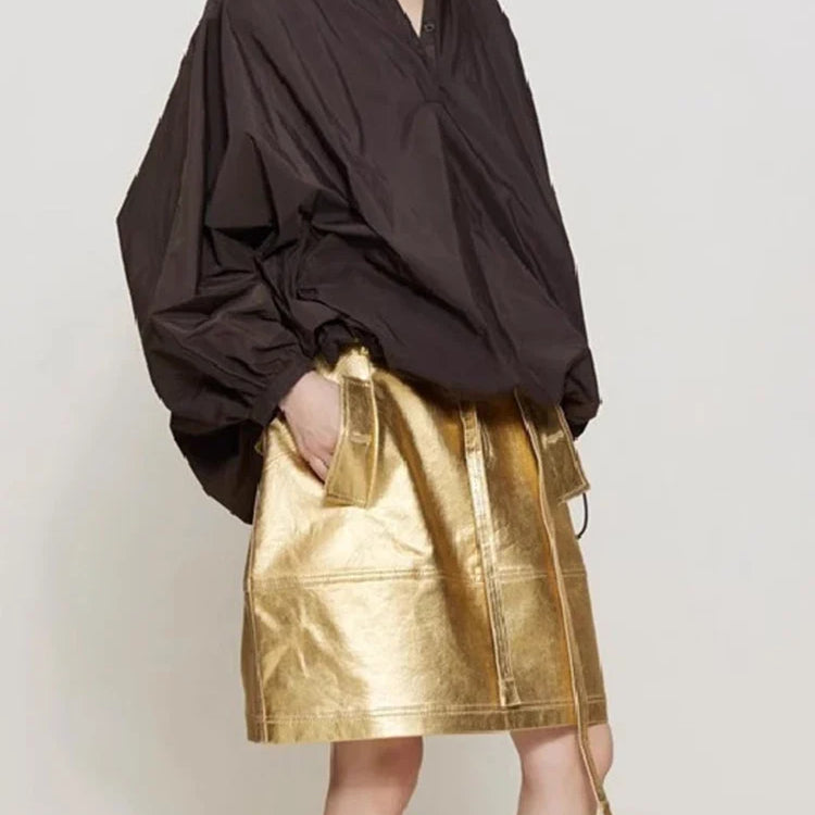 Summer Autumn Gold Shiny Faux Leather Skirt Women with Sashes A Line Korean Style Clothes Streetwear 2023 Runway Fashion