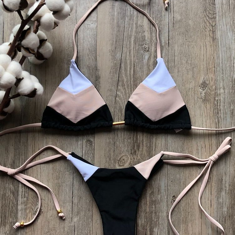 Sexy Halter Swimsuit Thong Micro Bikini Push Up - Brazilian Bikini Tropical Plant Print Swimwear String Mini Swimsuit as picture 1