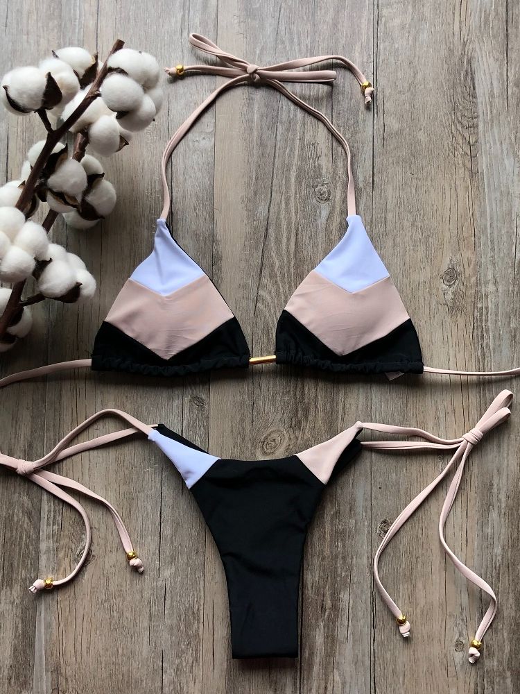 Sexy Halter Swimsuit Thong Micro Bikini Push Up - Brazilian Bikini Tropical Plant Print Swimwear String Mini Swimsuit as picture 1