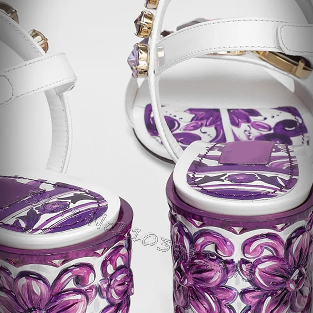 Purple Floral Heeled Sandals Gemstone Heels Women Luxury Designer Shoes Summer Square Heel Buckle Strap Shoes Elegant Sandalias