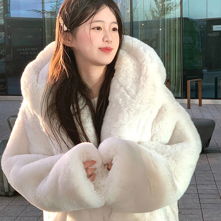 Lautaro Autumn Winter Thickened Warm White Reversible Faux Fur Coat Women with Fake Fur Inside Loose Luxury Cute Fluffy Jacket white