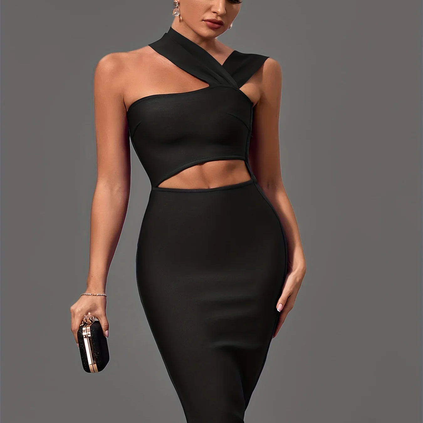 Black Bandage Dress Women Midi Party Dress Bodycon Elegant Halter Neck Sexy Cut Out Birthday Evening Club Outfits Summer black