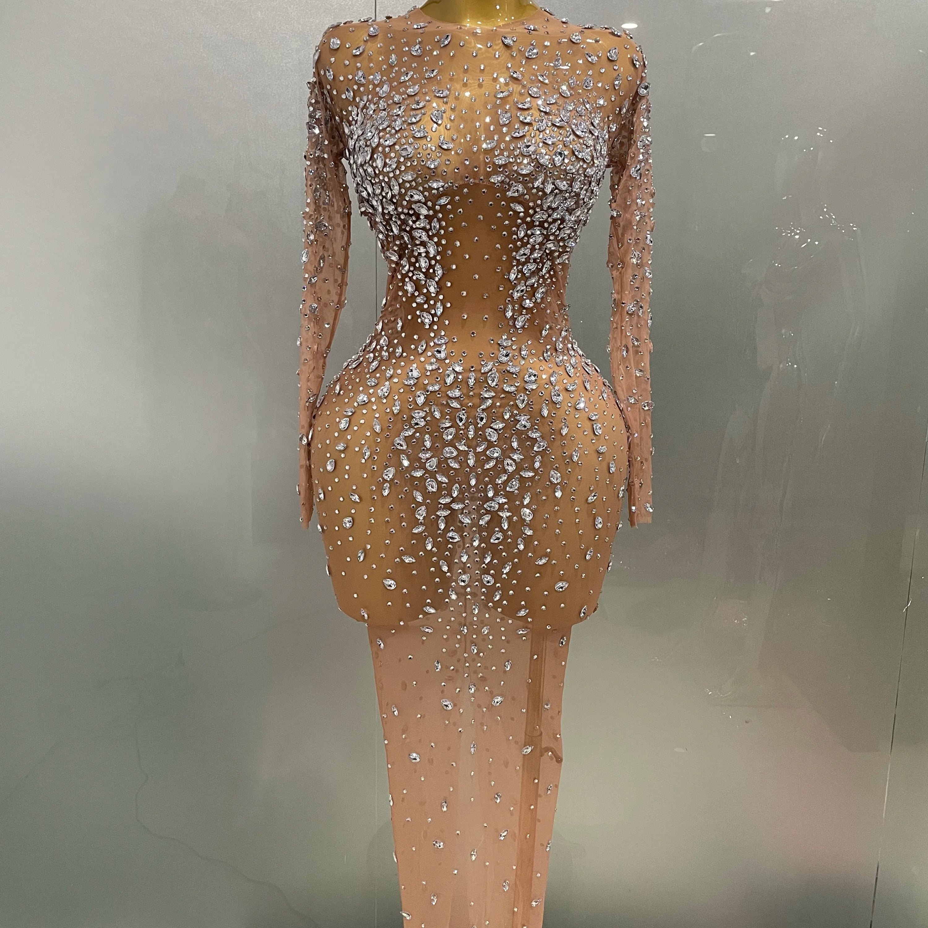 Sexy Shinny Rhinestone Stretch Mesh Transparent Long Dress 2025New Women Evening Birthday Party Prom Nightclub Singer Stage Wear Silver