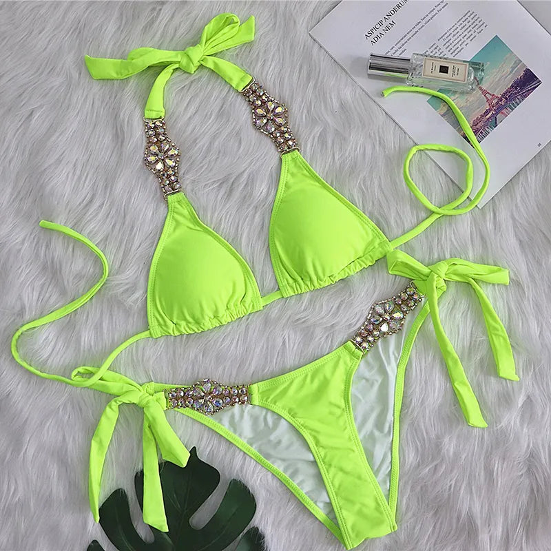 Summer Sexy Bikinis Swimsuits With Rhinestones Women's Swimwear Female Push Up Bikini Beach Swim Wear Bathing Suits Pool Bather