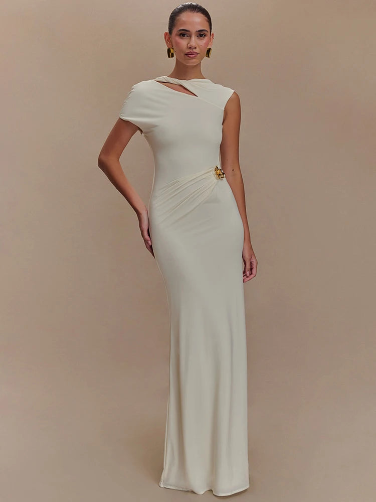 Mozision Hollow Out Gold Clasp Sexy Maxi Dress For Women Gown Solid Sleeveless Backless Ruched Bodycon Club Long Dress Elegant WHITE