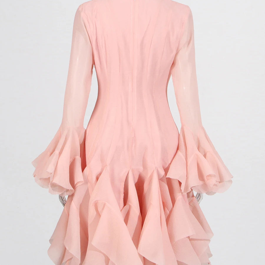 Solid Spliced Button Slimming Dresses For Women O Neck Long Sleeve High Waist Patchwork Ruffles Female Fashion New