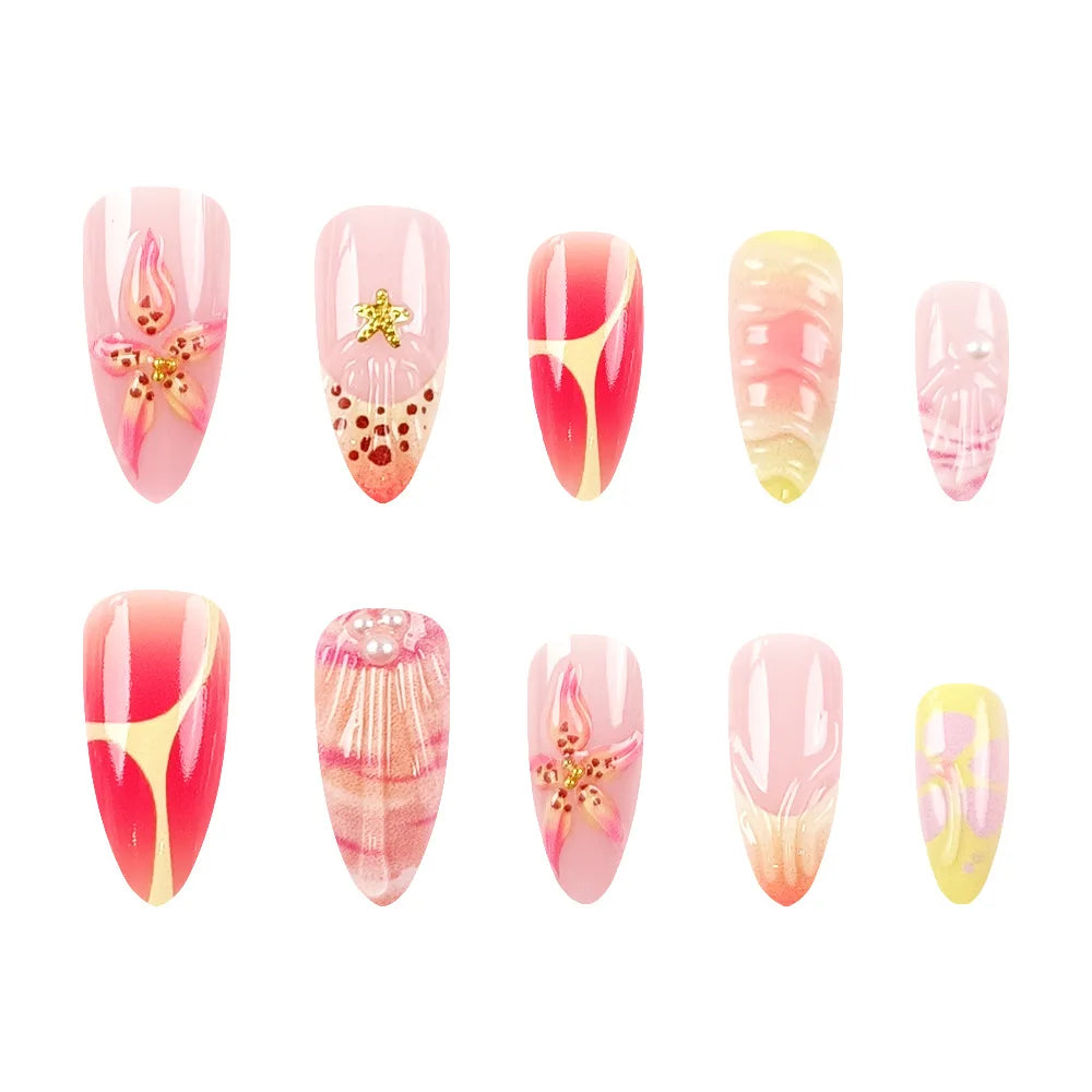 24pcs Summer Almond Press on Nails Ins Simple Flower Shell Decor French False Nails Wearable Reusable Fake Nails for Women Girl