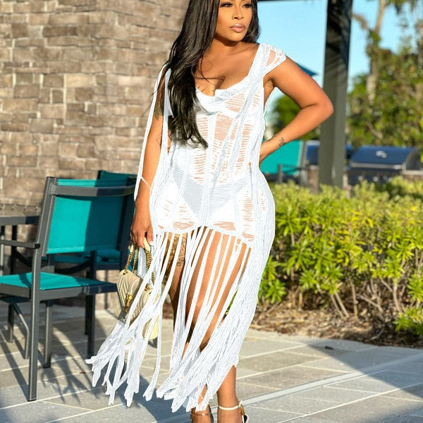 Sexy Crochet Knit Rib Tassel Mini Dress for Women Summer 2024 Fashion Sleeveless See Through Club Party Dresses Beach Wear Robe