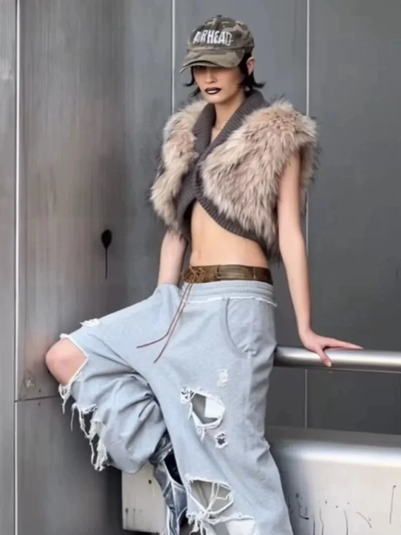 Solid Slimming Fashion Tank for Women V Neck Sleeveless Patchwork Fur Luxurious Top Female Autumn Retro Style New