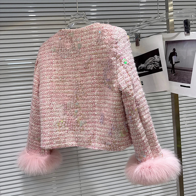 Winter New High-End Fashion Style Fox Fur Sleeve Sequin Tweed Cotton Short Coat For Women Elegant Jacket 11A07932