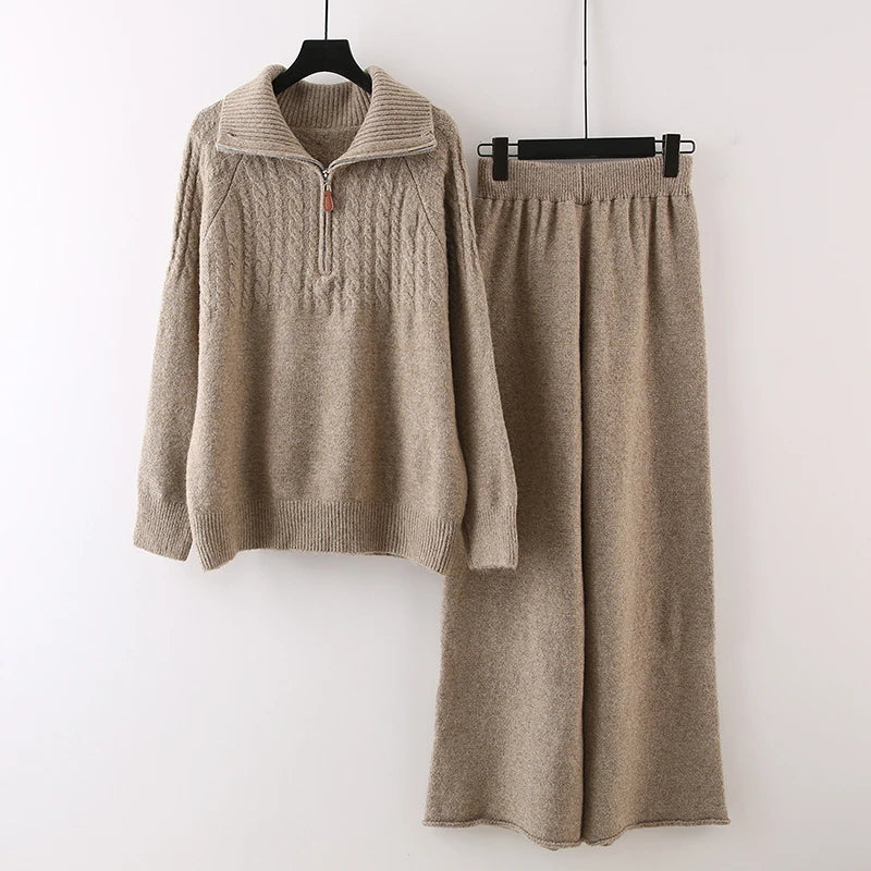 Autumn Winter New Half-Zip Stand Collar Knit Sweater Suit For Women Wide-Leg Pants Knitted Two-Piece Set 11A07540 Khaki One Size