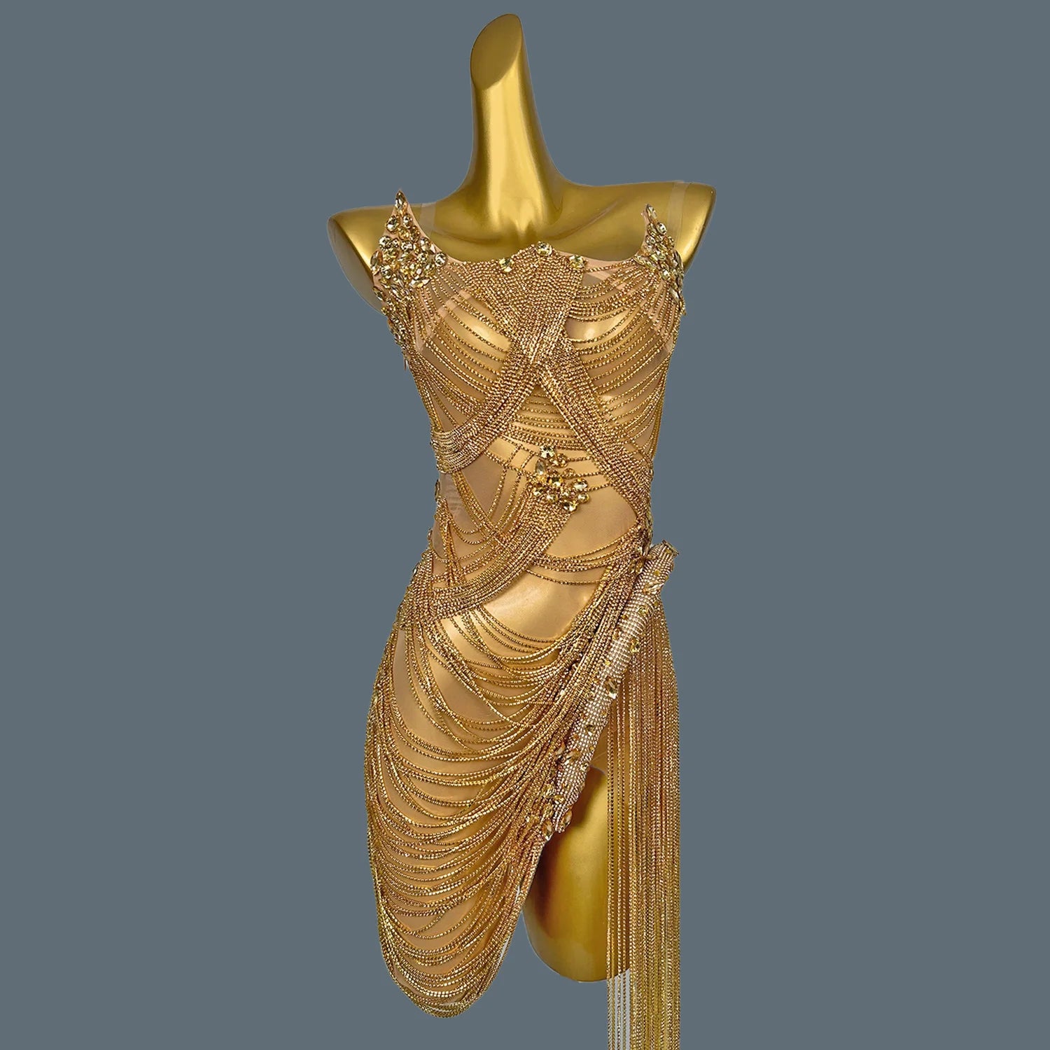 Luxurious Sparkly Rhinestone Evening Mini Dress for Women Fancy Nightclub Stage Performance Wear Dinner Party Sexy Dress Luoli Gold