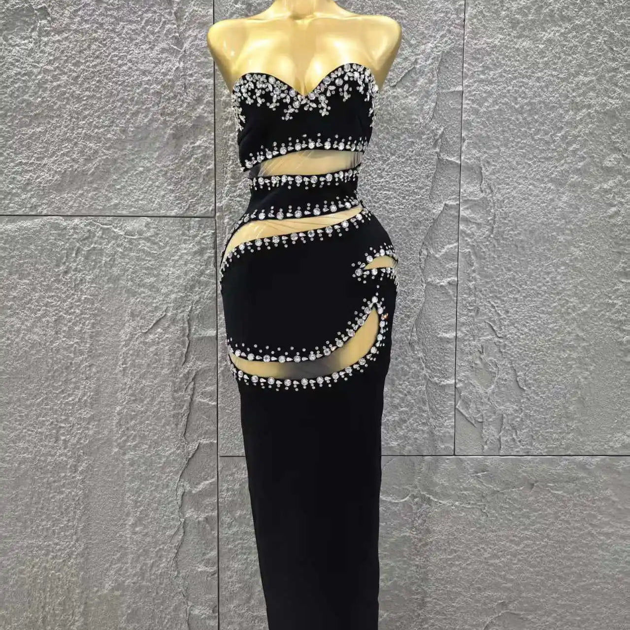 Black Color Women Sexy Strapless Shinning Crystal Mesh Holes Bodycon Bandage Long Dress Celebrate Evening Party Outfit black