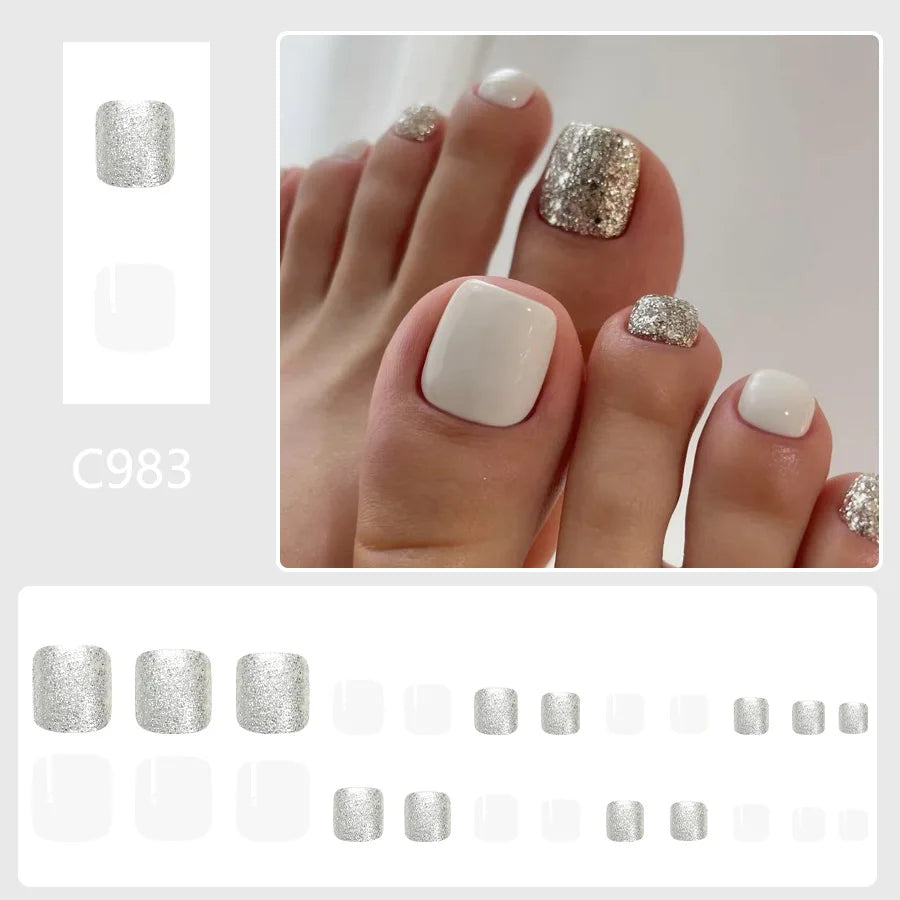 24pcs Summer Beach False Toenails Blue French Square Fake Toenails Wearable Coconut Trees Shell Print Press on Nails for Toe 6