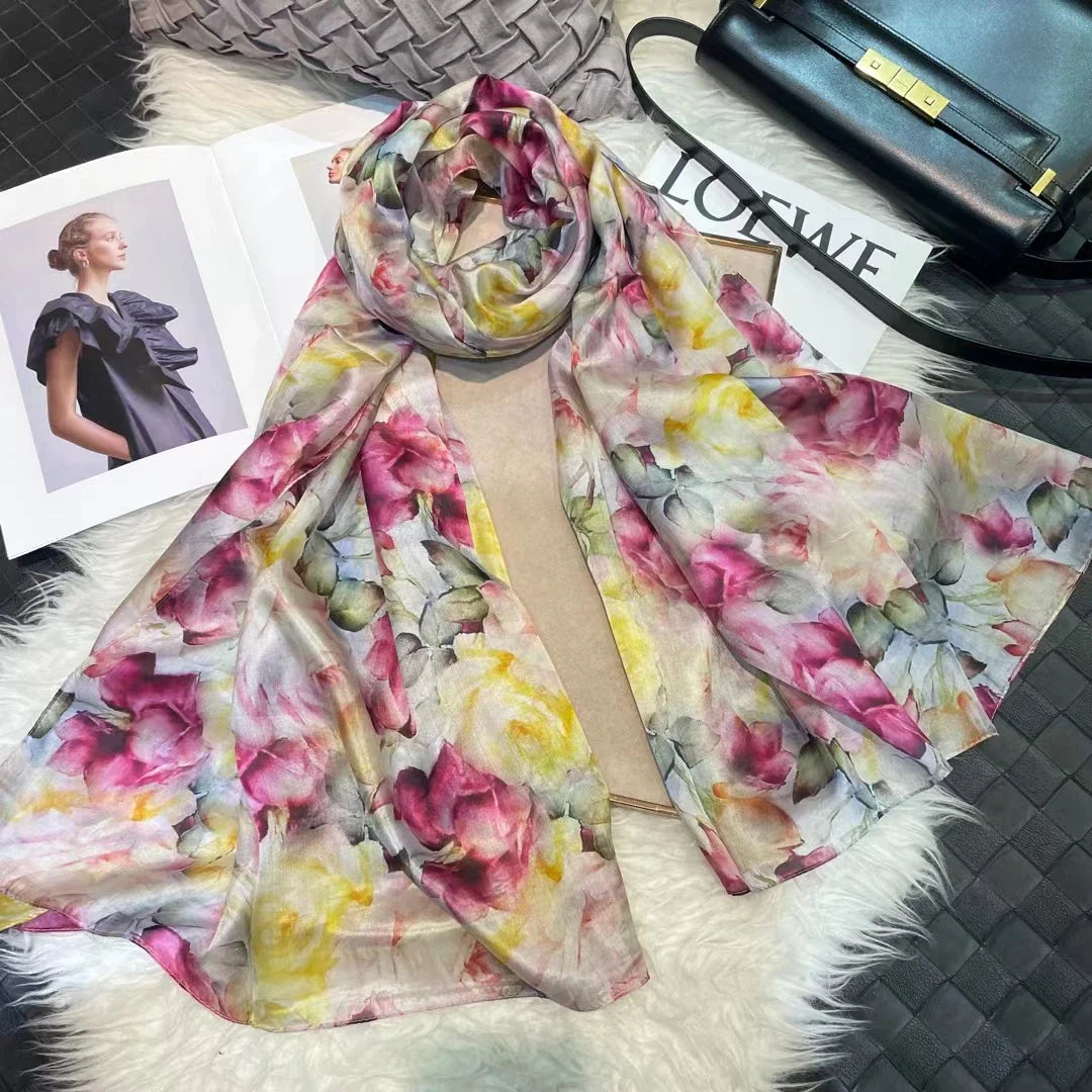 white100% Silk Scarf Women Scarves Bufandas Summer Beach Shawls Foulard Fall Winter Brand Flower Design Long Neck Scarves Hijabs pink peony