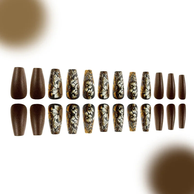 Winter 3D Flower Ballerina Press On Nails Set Long Glossy Coffee Brown False Nails With Golden Floral Accents Fake Nails Set