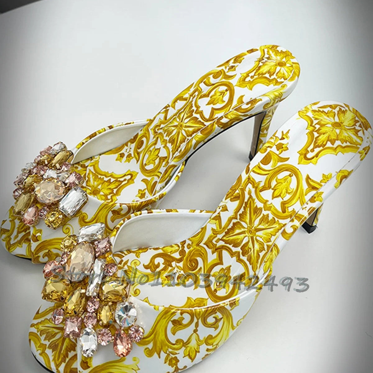 Elegant Summer Women's High Heel Baroque Print Jeweled Slides Sandals Baroque Fashion Crystal Embellished Open Back Shoes 2025