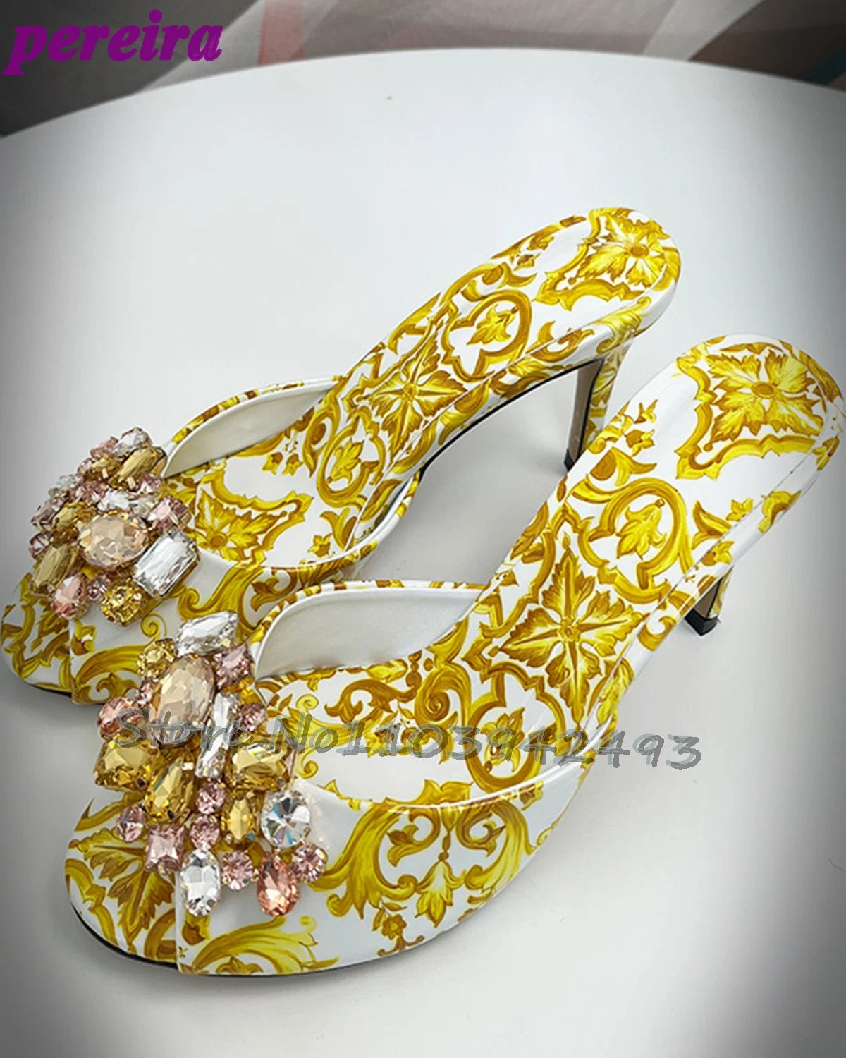 Elegant Summer Women's High Heel Baroque Print Jeweled Slides Sandals Baroque Fashion Crystal Embellished Open Back Shoes 2025