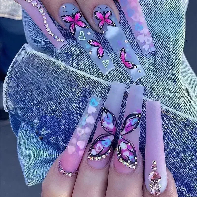 24Pcs Wearable Colorful Butterfly Designs French Press on Nails Long Ballet False Nails with Rhinestone Acrylic Fake Nails Tips 11