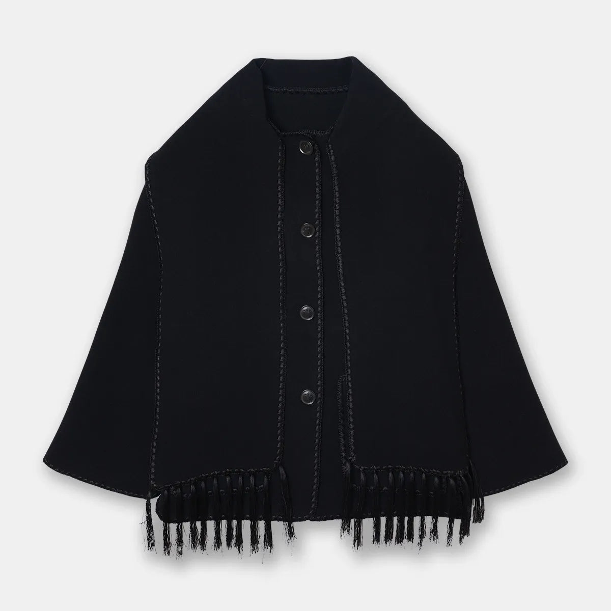 Women Woolen Coats with Tassel Scarf Autumn Winter Long Sleeve Single Breasted Warm Jackets Embroidery Pocket High Street Tops Black