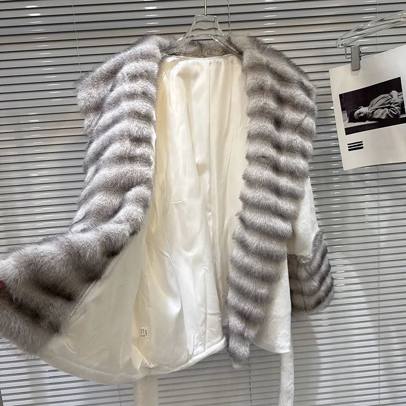 Winter New Fashion Big Fur Collar Plush Faux Fur Coat For Women Loose High-end Lace-up Waist Jacket Female 11A07741