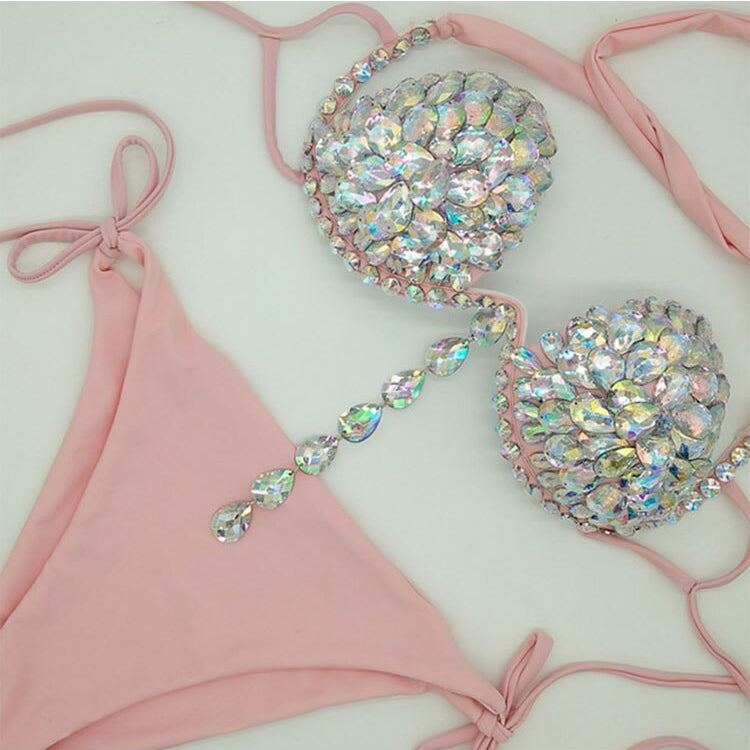 Underwear Sexy Push Up Lingerie Set For Lady 2024 Summer Fashion Shiny Crystal Padded Underwire Party Bras And Thong Set Pink
