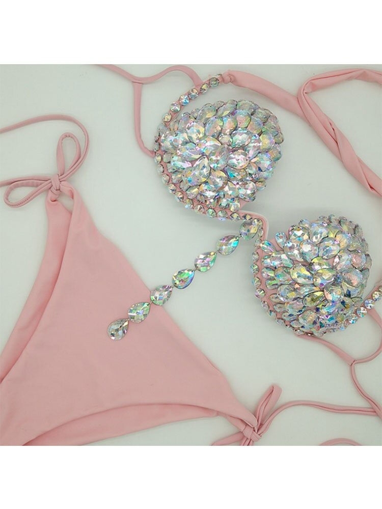 Underwear Sexy Push Up Lingerie Set For Lady 2024 Summer Fashion Shiny Crystal Padded Underwire Party Bras And Thong Set Pink
