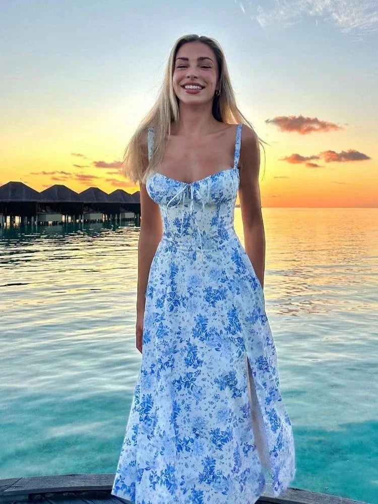 Suninheart Women's Summer Floral Print Dresses Sweet Elegant Midi Holiday Dress Casual Slit Blue Lace Up Dresses 2023 blue print