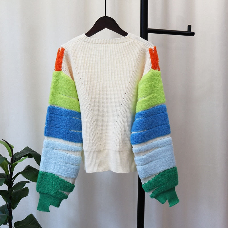 Women Rainbow Striped Colorful Cardigan Fall Winter Sweater V-Neck Knit Tops Dopamine Outfit