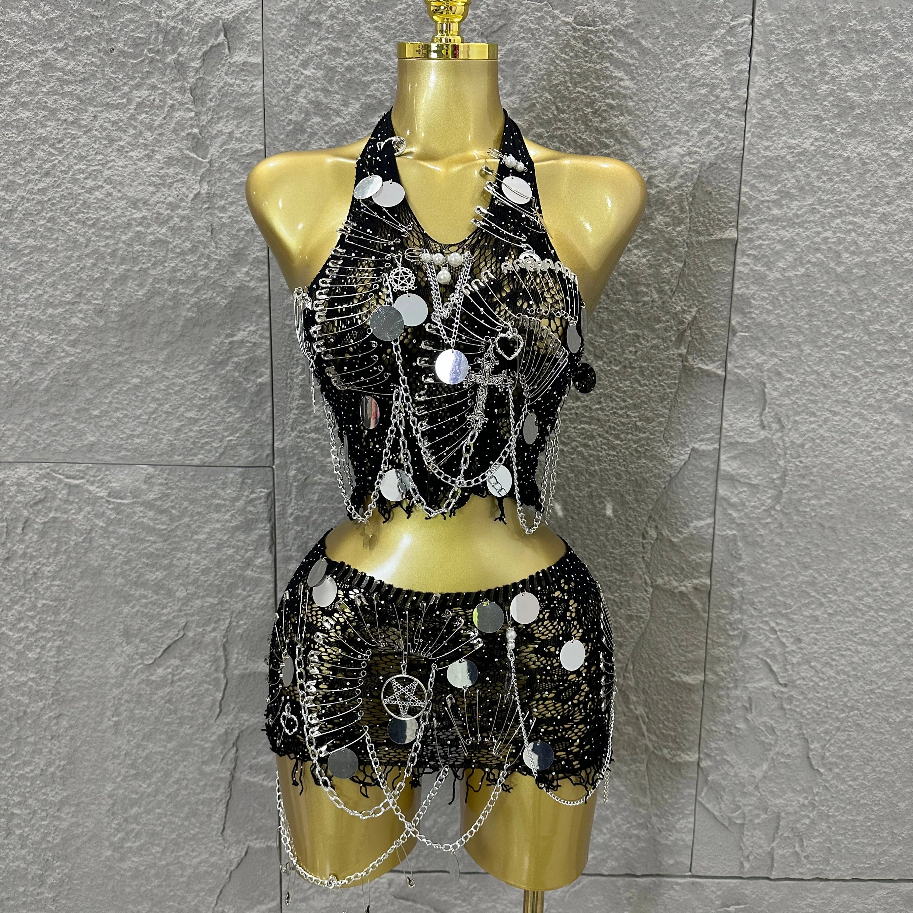 Women Sexy Safety Pin Lace Two Piece Set Halter Neck Sequin Embellished Crop Top & Mini Skirt Outfit Stage Performance Costume