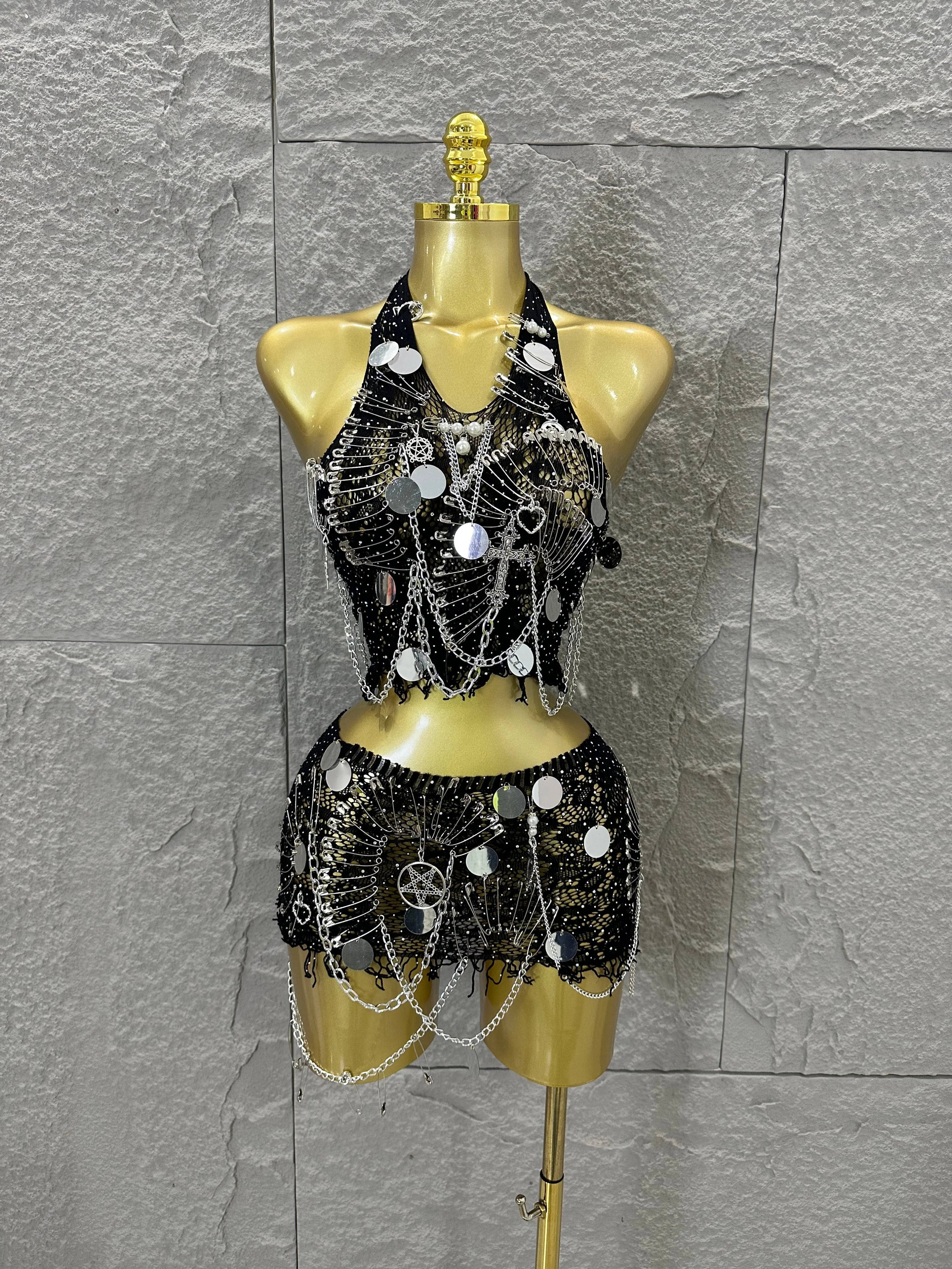 Women Sexy Safety Pin Lace Two Piece Set Halter Neck Sequin Embellished Crop Top & Mini Skirt Outfit Stage Performance Costume