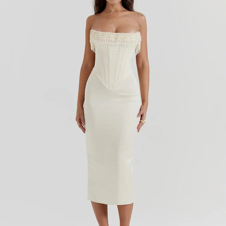 Pearl Tassel Sexy Midi Dress For Women Fashion Party Outfits Off-shoulder Strapless Backless Bodycon Club Sexy Dress As Shown in Figure