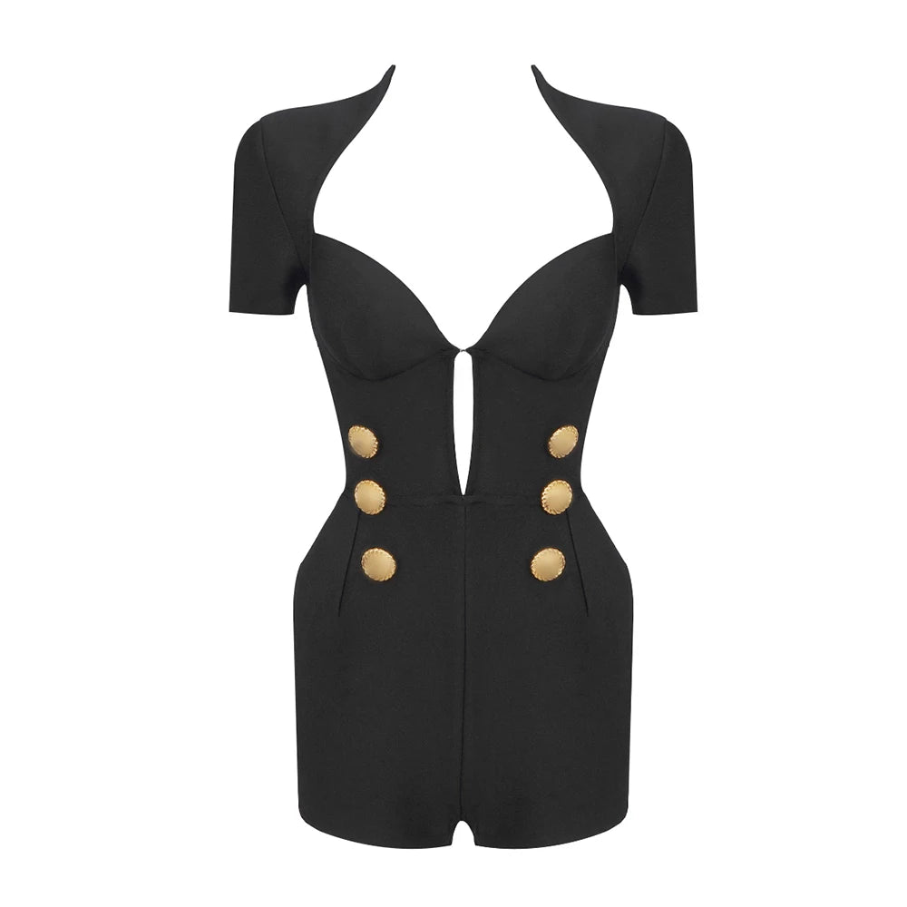 2024 Summer New Women's Black Structured Romper Cut Out Short Sleeves Gold Button Details Bandage Bodycon Short Jumpsuit BLACK