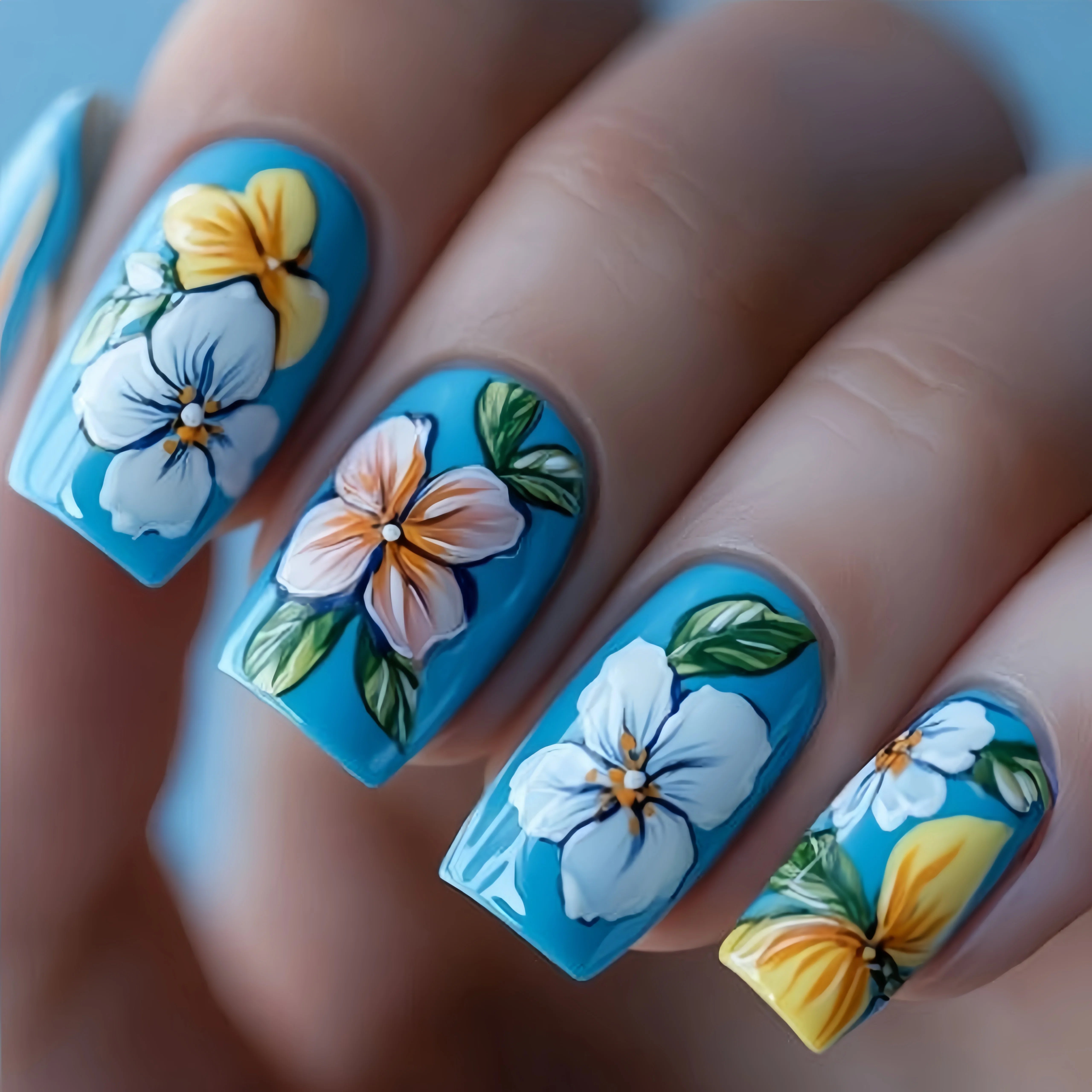 Medium and long square-shaped European manicure, fashionable manicure for New Year and spring and summer, purple gradient flower SKY BLUE