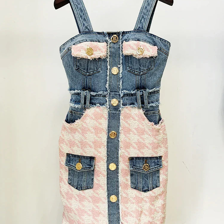 Newest Designer Fashion Women Spaghetti Strap Denim Tweed Houndstooth Pachwork Fringed Dress