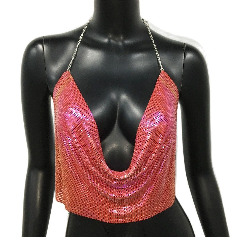 Women 2024 Sexy Metal Sequined Tank Camis Summer Gold Silver Backless Cropped Glitter Beach Club Show Wear Tank Tops colorful red 25 cm One Size