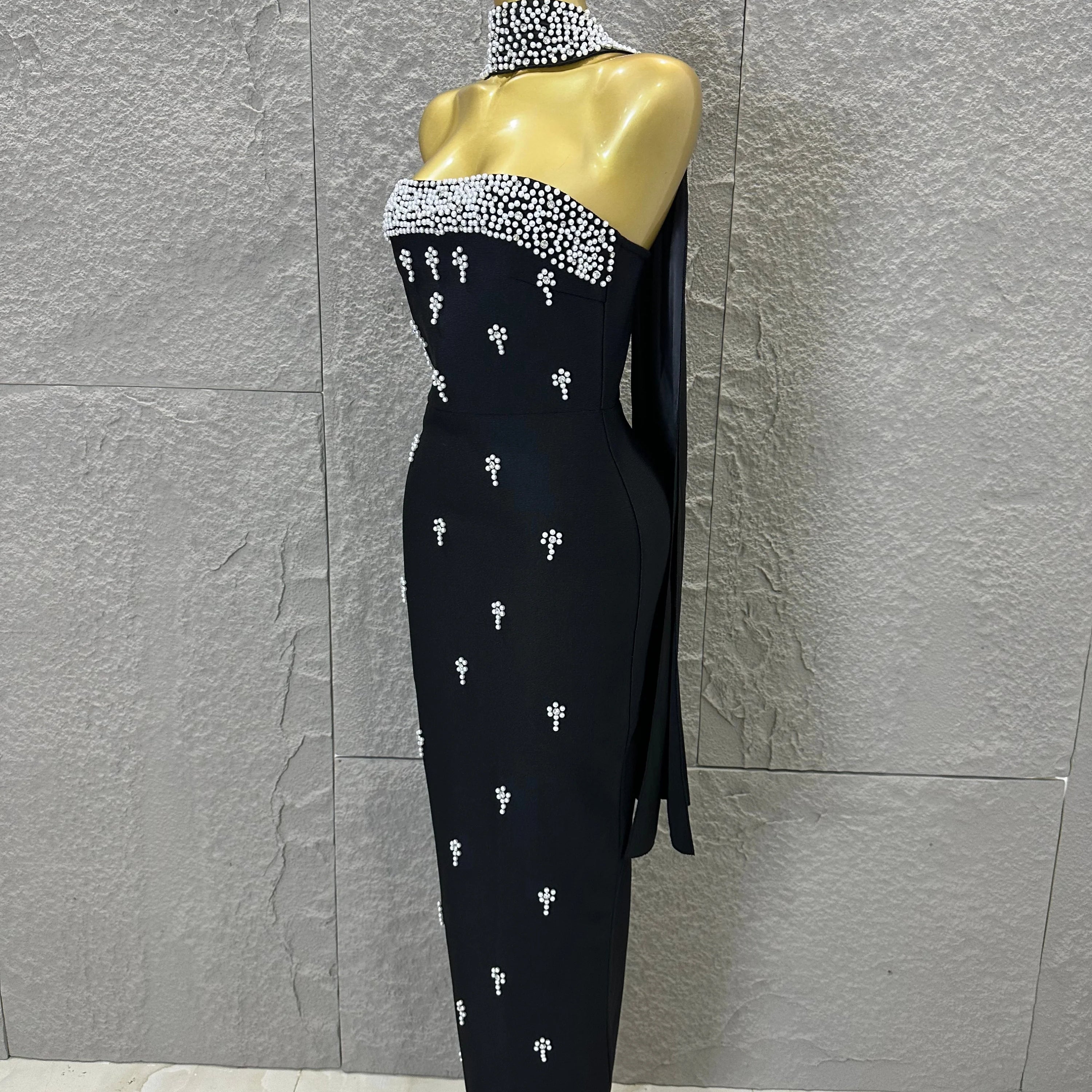 Sexy Black Pearl Studded Maxi Dress Halter Cape Bandage Bodycon Stage Birthday Party Nightclub Celebrate Photo Shoot Out