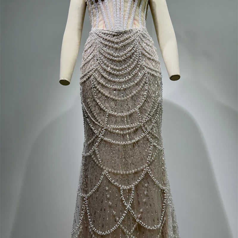 2025 Luxury Pearl Beading Haute Couture Sexy V-Neck Floor Length Dress Woman Birthday Party Dress Wedding Party Goddess Vestido