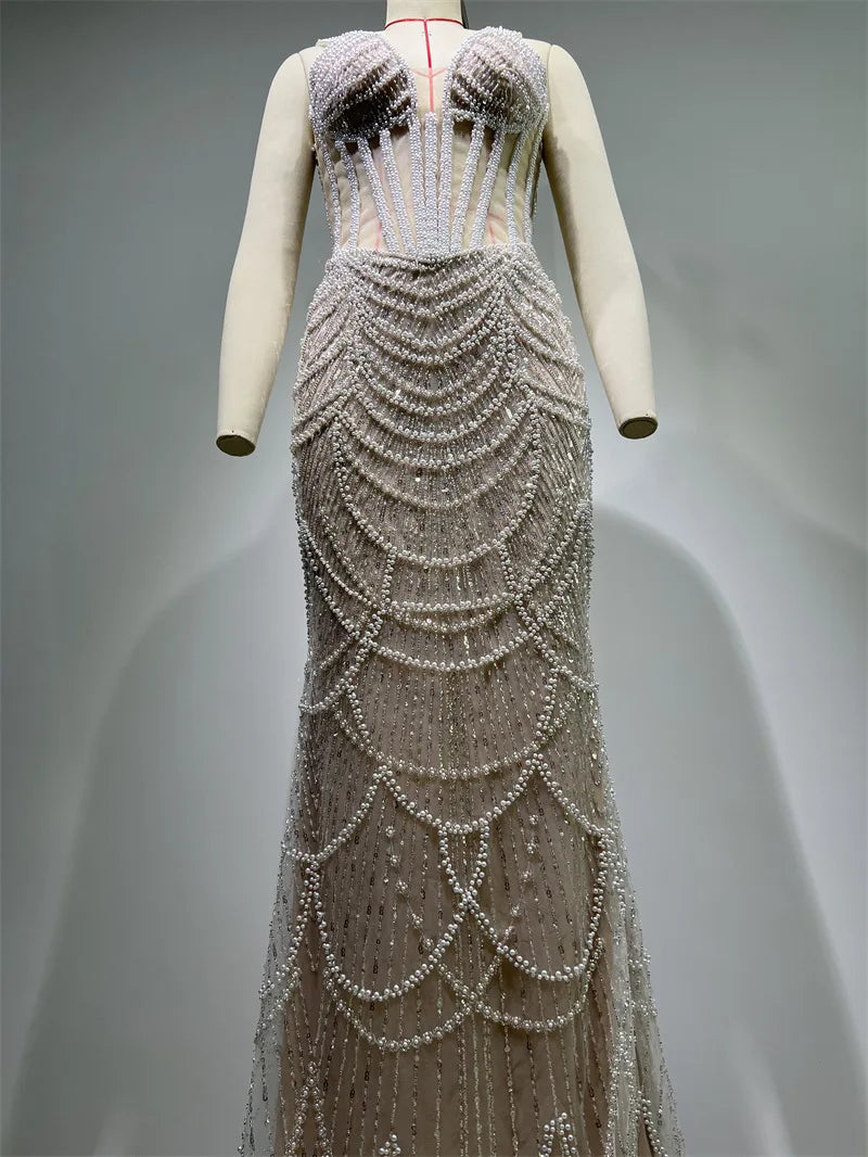 2025 Luxury Pearl Beading Haute Couture Sexy V-Neck Floor Length Dress Woman Birthday Party Dress Wedding Party Goddess Vestido