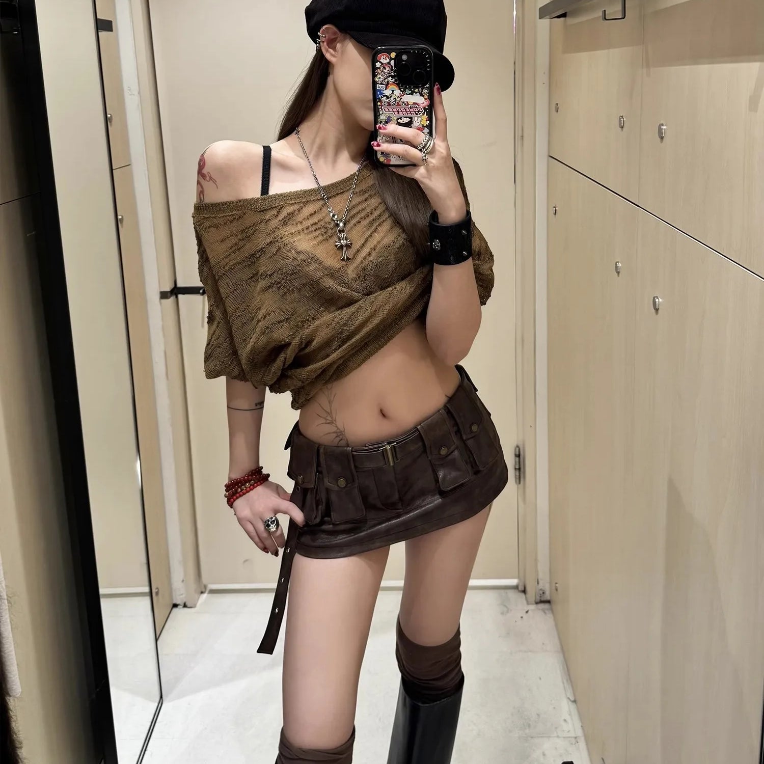 Lautaro Spring Summer Cool Sexy Vintage Distressed Brown Pu Leather Mini Skirt Women Three-dimensional pockets Belt Streetwear